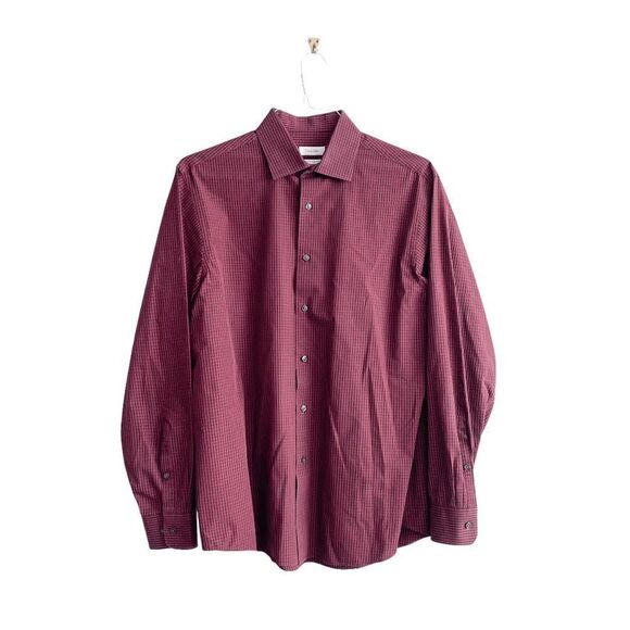 Calvin Klein Mens Button Down Shirt Micro Checkered Regular Fit Red Black 16 - Picture 1 of 9